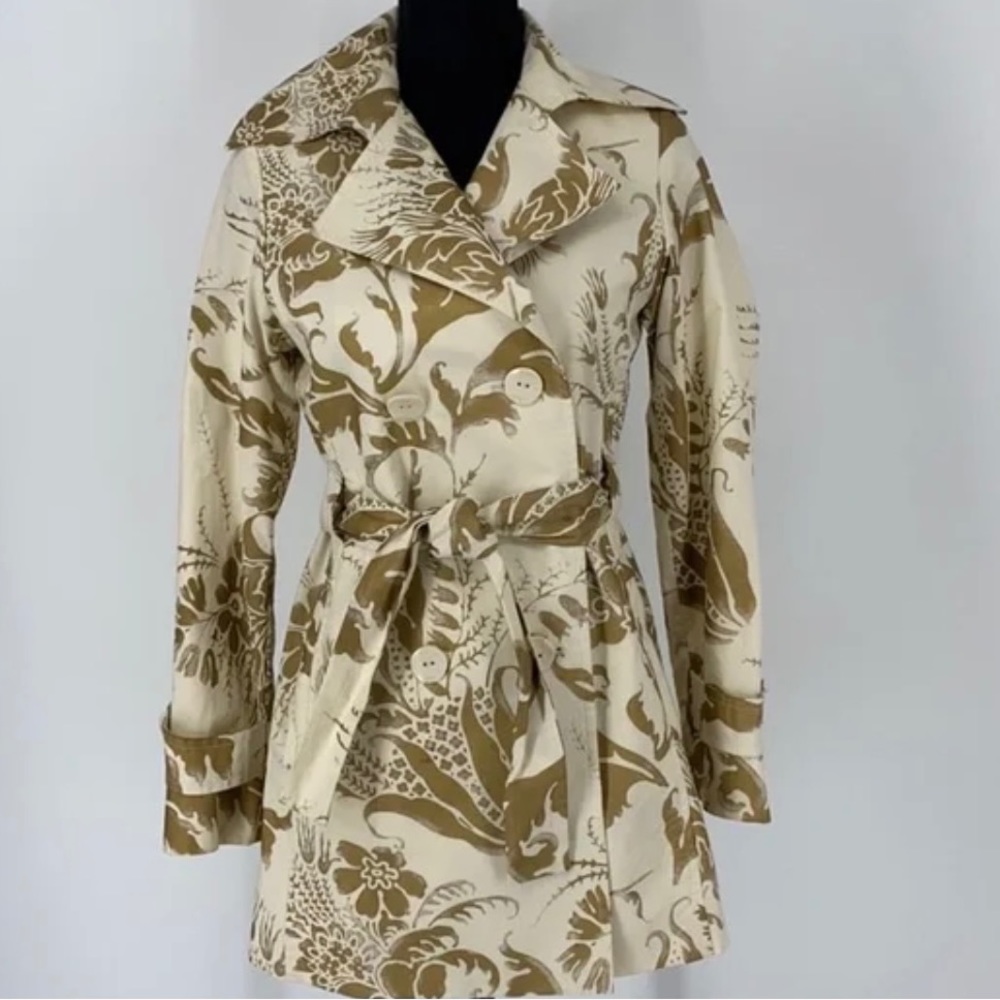 CAbi Wimbledon Cotton Linen Floral Trench Coat XS Cream/Brown fully lined